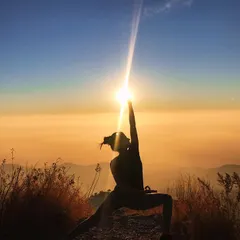 Holding a pose as the sun creates a perfect ray of light feels like channeling energy directly from the source. This is a moment of pure connection during a sunset yoga session in the Himachal hills.