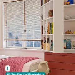 Hidden storage is everywhere in our kids' room designs. This room features a bed with deep drawers and a tall bookshelf to keep toys and books organized.