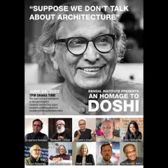 The poster for "An Homage to Doshi," an event that brought together a community of architects influenced by his work and philosophy.