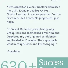 "I struggled for 3 years. Doctors dismissed me... till I found Proactive For Her." This is a real story from Gowthami, one of over 630 women who found hope and healing through our guided vaginismus program.