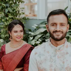 A sweet moment from an engagement shoot. Her makeup was kept soft and romantic to complement the daytime event and her traditional saree, ensuring she looked radiant next to her partner.