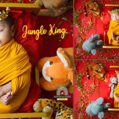 The "Jungle King" has arrived. This elaborate setup features a newborn prince surrounded by his loyal animal friends, creating a vibrant and imaginative scene.