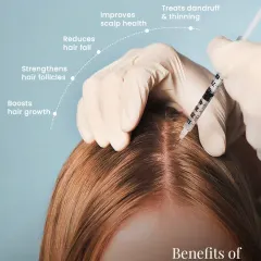 Mesotherapy is another powerful tool I use to combat hair loss. This graphic illustrates its key benefits, from boosting growth and strengthening follicles to reducing hair fall and improving overall scalp health by treating issues like dandruff.