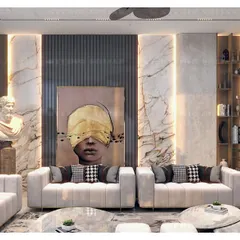 This drawing room in Kirti Nagar is a study in artistic expression, featuring a statement art piece and a classical bust. I used a mix of plush, modern sofas, layered lighting, and marble accents to create a space that feels like a private gallery.