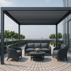 A complete look at our designer terrace flooring under a modern pergola. The circular pattern adds elegance and defines the seating area, while the material ensures durability against the elements.
