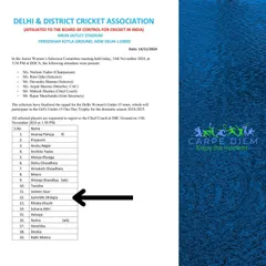 The official DDCA document listing our student, Samridhi Dhingra, for the Women's Under 15 team. We guide our players through the entire selection process.