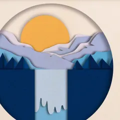 A close-up of our Layered Landscape Waterfall shadow box. The different shades of blue cardstock create a beautiful, stylized representation of flowing water.