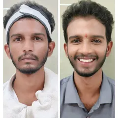 Makeup isn't just for brides. Here is a before-and-after of a groom makeup demonstration, focusing on natural skin enhancement, blemish correction, and subtle feature definition for a camera-ready look.