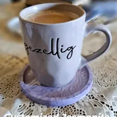 Customer Cam: We love making custom orders for you. Here is one of our custom lavender marble coasters being used for a cozy cup of coffee.