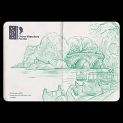 A sketchbook spread from Sanjay Gandhi National Park, drawn with a 4-in-1 ballpoint pen. This view captures the peacefulness of the lake and the swan boats.
