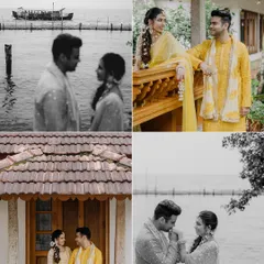 A collage of romantic and candid couple portraits from their Haldi day, set against the serene backwaters, showcasing their connection.