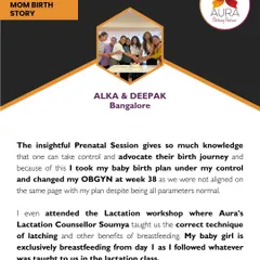 Alka and Deepak’s experience shows how knowledge is power. The prenatal session gave Alka the confidence to take control of her birth plan and advocate for herself. She also highlights the practical skills learned in our lactation workshop that led to successful breastfeeding.