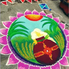 A vibrant rangoli I made for the Pongal festival, celebrating the harvest with a pot of overflowing sweet rice, sugarcane, and a kite.