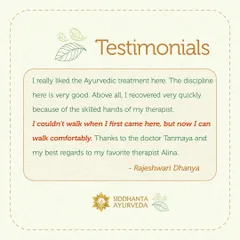 "I couldn’t walk when I first came here, but now I can walk comfortably." This powerful feedback from Rajeshwari Dhanya shows the life-changing impact of our disciplined treatment and the skilled hands of our therapists.