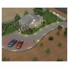 This aerial render of the Pechimuthu Memorial illustrates how the structure is nestled into its environment. The design uses the natural topography to create a sense of seclusion and peace for this private memorial space.