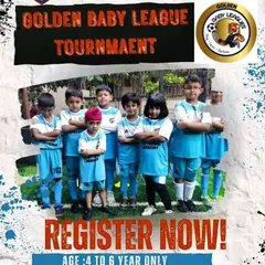 Register now for the Golden Baby League Tournament. This poster is aimed at parents of children aged 4 to 6, inviting them to give their kids a fun and structured introduction to football.