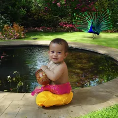 Taking our little Krishna outdoors! This composite image places the baby in a serene garden setting with a peacock, creating a magical and divine portrait.