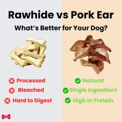 It's crucial to know what's in your dog's chews. This graphic compares processed, bleached rawhide with my natural, single-ingredient pork ears to help you make a healthier choice for your dog.