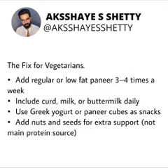 For vegetarians looking to fix their protein gap, I recommend adding paneer 3-4 times a week and including curd, milk, or buttermilk daily. Greek yogurt or paneer cubes also make excellent high-protein snacks to supplement your main meals.