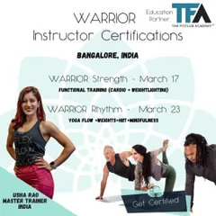I offer certifications for both WARRIOR Strength and WARRIOR Rhythm. This graphic outlines the different formats, one focused on functional training and the other on a fusion of yoga, HIIT, and weights, so you can choose the path that best fits your style.