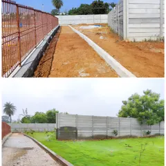 Before and after of a boundary area in a large layout. I transformed the muddy strip into a clean, green lawn, improving the overall look of the property.
