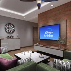 For this living room, the client wanted a cozy yet modern vibe. We achieved this by combining a bold green sofa with an exposed brick accent wall for the TV unit, creating a warm, industrial-inspired look.