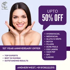 To celebrate our first anniversary, I am offering up to 50% off on a wide range of services. This includes everything from Hydrafacials and medi-facials to Botox, fillers, and laser treatments.