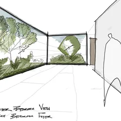 A sketch illustrating the view from a master bedroom foyer, focusing on creating a panoramic window that frames the garden outside. This shows our process of designing spaces from the perspective of the person who will inhabit them.