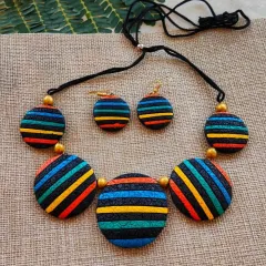 Another color variation of the striped circle necklace, with a cool palette of blue, green, and yellow.