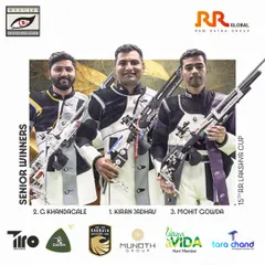 Congratulations to the winners of the Senior Air Rifle category at the 15th RR Lakshya Cup. This graphic officially announces the top three finishers, showcasing the elite level of talent the event attracts.