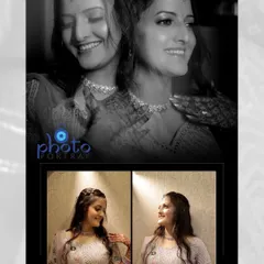 A creative album page for an engagement, using black and white overlays and modern layouts to showcase the bride's portraits.