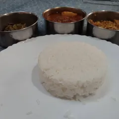 A closer look at the components of my non-veg meal. You can see the perfectly cooked mound of rice ready to be served with the accompanying curries, all made fresh to order.