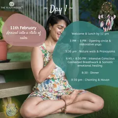 Here is the schedule for Day 1 of our Nashik retreat, focusing on arriving into a state of calm. The day unfolds with restorative yoga, a nature walk, and intensive breathwork to begin the process of somatic healing.