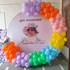 A clear photo of the Annaprashan ceremony backdrop and balloon decor.