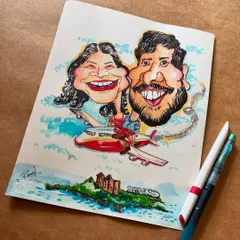 Adventure awaits! This custom caricature features a travel-loving couple flying over a scenic island, ready for their next journey. It’s a perfect gift to capture the spirit of wanderlust.