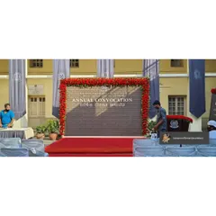 We were honored to decorate the annual convocation for the National Law University, Delhi. This stage backdrop, framed with a bold red floral border, provided a dignified and professional setting for such a prestigious academic event.