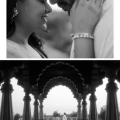 A black and white collage that emphasizes emotion and architecture. The close-up captures a tender smile, while the wide shot uses the grand arches to create a powerful, symmetrical frame.