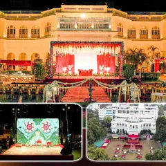 A collage showcasing a grand wedding venue, including an aerial view, the main stage, and the LED screen setup. We offer drone photography to capture your venue's full splendor.