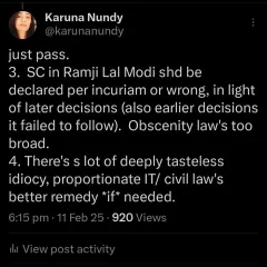 My legal opinion on the Supreme Court's judgment in Ramji Lal Modi. I argue that the precedent should be declared per incuriam, or wrong, as it is inconsistent with later decisions and contributes to an overly broad application of obscenity laws.
