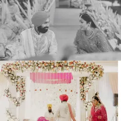 A collage capturing key moments of an Anand Karaj. The top black and white shot shows an intimate glance between the couple, while the bottom photo shows the "palla" ritual, symbolizing their union.