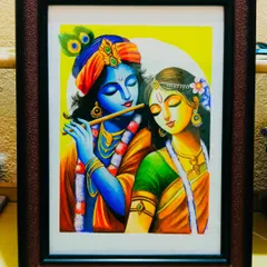 The completed Radha Krishna color sketch, beautifully framed and ready to adorn a wall. A frame adds a classic touch and makes it a perfect piece for home decor or as a gift.