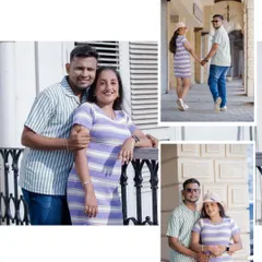 A collage showcasing various poses from a casual urban maternity shoot. It features the couple in different spots around a building with classic architecture, highlighting their connection in a modern, stylish setting.