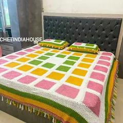 Another view of the custom crochet bedspread and pillowcase set, showing how it fits on a standard double bed. All my large pieces are made with durable, washable yarn for everyday use.