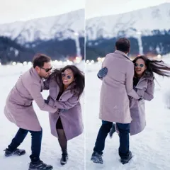 Capturing the fun and spontaneous energy of a couple's pre-wedding adventure in the snow. These candid shots show their genuine joy and playful dynamic.