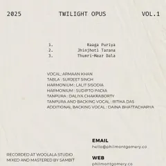 The tracklist and credits for "Twilight Opus". You can see my name listed for tabla. The album was recorded at Woolala Studio.
