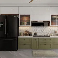 This 3D render presents a classic-modern fusion with olive green shaker-style base cabinets and simple white upper cabinets. The design includes glass-front shutters to display crockery.