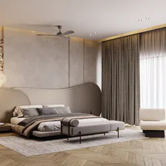 Another angle of the opulent master suite, showing how the sculptural headboard, ethereal pendant lights, and layered drapery work together to create a space that feels both grand and incredibly calming.