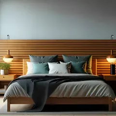A minimalist bedroom design featuring a slatted wood headboard that extends across the wall. The simple wooden bed frame and matching nightstands with warm pendant lights create a calm, Scandinavian-inspired retreat.
