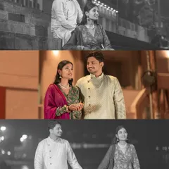 A collage showing the couple in traditional attire at the ghats. The mix of color and black-and-white shots captures both the timelessness and the vibrancy of these sacred moments.
