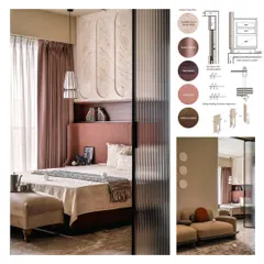 This board details the material and joinery choices for the master bedroom, including a fluted glass partition and a warm, dusty rose color palette to create a tranquil and elegant atmosphere.